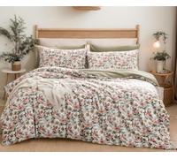 SLEEPBELLA Duvet Cover King, 600 Thread Count Cotton Pink & Yellow & Beige Floral Pattern Printed on White，Mustard Green Reversible Comforter Cover(King, Green Floral)