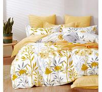 SLEEPBELLA Duvet Cover Queen Size, 600 Thread Count Cotton Grey Branches and Yellow Flower Reversible Comforter Cover(Queen, White Leaf)
