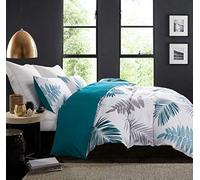 SLEEPBELLA Duvet Cover Set, 600 Thread Count Cotton White Leaf Floral Pattern Print Reversible Comforter Cover Set (King, Peacock Blue-Leaf)