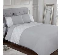 Sleepdown 3D Geometric Duvet Cover with Pillowcase Luxury Lurex Jacquard Cuff Panel Band Grey Soft Easy Care Polycotton Duvet Single Size (135cm x 200cm)