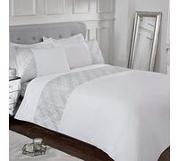 Sleepdown 3D Geometric Duvet Cover with Pillowcase Luxury Lurex Jacquard Cuff Panel Band white Soft Easy Care Polycotton Duvet Single Size (135cm x 200cm)
