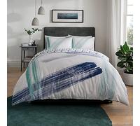 Sleepdown Abstract Brush Strokes White Teal Navy Reversible Duvet Cover Quilt and Pillow Case Bedding Set Soft Easy Care-Single (135cm x 200cm), Polycotton