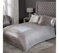 Sleepdown Bedding Set with Pillowcase Satin Stirpe Soft Cosy Plain Reverse Duvet Cover Grey Polyester Super King (220cm x 260cm)