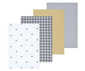 Sleepdown Bubble Bee Printed & Waffle Tea Towels 100% Cotton Half Panama - Super Absorbent Luxury Hotel Quality Kitchen Towel - Pack of 4 - White - 46cm x 65cm