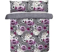 Sleepdown Duvet Cover Set - Grey - Inky Floral - Plain Reversible Quilt Cover Easy Care Bed Linen Soft Cosy Bedding Sets with Pillowcases - Double (200cm x 200cm)
