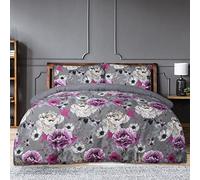 Sleepdown Duvet Cover Set - Grey - Inky Floral - Plain Reversible Quilt Cover Easy Care Bed Linen Soft Cosy Bedding Sets with Pillowcase - Single (135cm x 220cm)