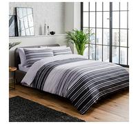 Sleepdown Duvet Cover Set - Textured Stripe - Reversible Quilt Cover Easy Care Bed Linen Soft Cosy Bedding Sets with Pillowcase - Black Grey - Single (135 cm x 220 cm)