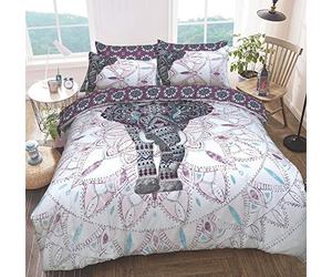 Sleepdown Elephant Mandala Purple Bed Reversable Quilt Duvet Cover Set Easy Care Anti-Allergic Soft and Smooth with Pillow Cases (King Size)