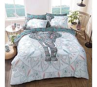 Sleepdown Elephant Mandala Teal Bed Reversable Quilt Duvet Cover Set Easy Care Anti-Allergic Soft & Smooth with Pillow Cases (Double)
