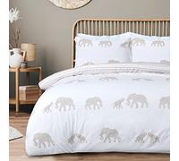 Sleepdown Elephant Seersucker White Natural Reversible Duvet Cover Quilt Pillow Cases Bedding Set Soft Easy Care - King (230cm x 220cm)