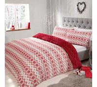 Sleepdown Fairisle Printed Flannel Fleece Abstract Stripes White Red Reversible Duvet Cover Quilt Bedding Set with Pillowcases Super Soft Warm & Cosy - King (220cm x 230cm)