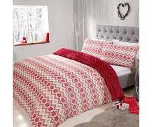 Sleepdown Fairisle Printed Flannel Fleece Abstract Stripes White Red Reversible Duvet Cover Quilt Bedding Set with Pillowcases Super Soft Warm & Cosy - Double (200cm x 200cm)