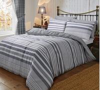 Sleepdown Flannel Stripe Grey Reversible Soft Duvet Cover Quilt Bedding Set With Pillowcases - Super King (220cm x 260cm)