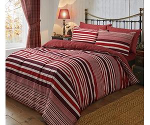 Sleepdown Flannel Stripe Red Reversible Soft Duvet Cover Quilt Bedding Set With Pillowcases - Super King (220cm x 260cm)