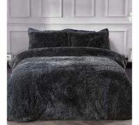 Sleepdown Fleece Luxury Long Pile Faux Fur Charcoal Grey Super Soft Easy Care Duvet Cover Quilt Bedding Set with Pillowcases - Charcoal Grey - Super King (220 cm x 260 cm),