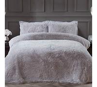 Sleepdown Fleece Luxury Long Pile Faux Fur Silver Super Soft Easy Care Duvet Cover Quilt Bedding Set with Pillowcases - Super King (220cm x 260cm)