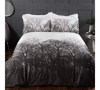 Sleepdown Forest Trees Serene Scene Printed Soft Cosy Velvet White Charcoal Grey Duvet Cover Quilt Bedding Set with Pillowcases - King (220cm x 230cm)