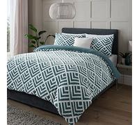 Sleepdown Geo Jacquard Fleece Thermal Warm Cosy Super Soft Duvet Cover Quilt Bedding Set with Pillow Cases - King (220cm x 230cm) - Teal White