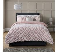 Sleepdown Geo Jacquard Fleece Thermal Warm Cosy Super Soft Duvet Cover Quilt Bedding Set with Pillow Cases - Blush Pink White2, Super King (220cm x 260 cm)