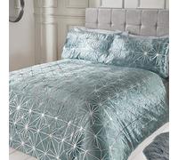 Sleepdown Geometric Duvet Cover with Pillow Cases Luxury Silver Shimmer Sparkle Velvet Bedding Set-Blue-Super King (220cm x 260cm), Polyester