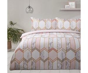 Sleepdown Geometric Metallic Marble Blush Pink Reversible Soft Cosy Easy Care Duvet Cover Quilt Bedding Set with Pillowcases - Super King (260cm x 220cm)