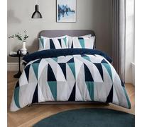 Sleepdown Geometric Teddy Fleece Thermal Warm Cosy Super Soft Duvet Cover Quilt Bedding Set with Pillow Cases - Navy - King (220 cm x 230 cm)