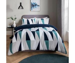 Sleepdown Geometric Teddy Fleece Thermal Warm Cosy Super Soft Duvet Cover Quilt Bedding Set with Pillow Cases - Double (200 cm x 200 cm) - Navy