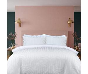 Sleepdown Geometric Textured Tufted Arch White Duvet Cover Quilt Pillow Cases Bedding Set Soft Easy Care - Super King (220cm x 260cm)