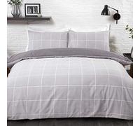Sleepdown Grid Check Grey Reversible Easy Care Duvet Cover Quilt Bedding Set with Pillowcases - Double (200cm x 200cm), 5056242745440