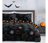 Sleepdown Halloween Spooky Ghost Black Orange Flannel Fleece Reversible Duvet Cover Quilt Bedding Set with Pillowcases Warm Soft Easy Care Bed Linen - King (230cm x 220cm), 5056557512522