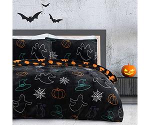 Sleepdown Halloween Spooky Ghost Black Orange Flannel Fleece Reversible Duvet Cover Quilt Bedding Set with Pillowcases Warm Soft Easy Care Bed Linen - Double (200cm x 200cm), 5056557512515