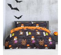 Sleepdown Haunted House Reversible Halloween Duvet Set - Spooky Ghouls and Monsters Design Duvet Cover with Pillowcase, Charcoal, Double (200x200 Cm) Soft Polyester Bedding Set