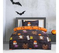 Sleepdown Haunted House Reversible Halloween Duvet Set - Spooky Ghouls and Monsters Design Duvet Cover with Pillowcase, Charcoal, Single (135x200 Cm) Soft Polyester Bedding Set