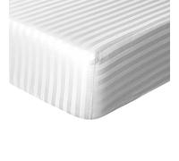 Sleepdown Hotel Quality Fitted Sheet 100% Cotton Satin Stripe Warm Cosy Breathable Super Soft Bedsheet Bed Linen Easy Care 32cm Extra Deep Pockets - White - Double (5056557513987)
