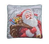 Sleepdown Illustrated Father Christmas Santa Present Filled Cushion Soft Decorative Square Piped Edge Cushion for Home Decor Sofa Bedroom 18" x 18" - Multi Red - 45cm x 45cm