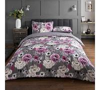 Sleepdown Inky Floral Grey Easy Care Soft Cosy Reversible Duvet Cover Quilt Bedding Set - 200 cm x 200 cm Plus 2 Pillowcases 80 cm x 80 cm