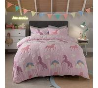 Sleepdown Kids Glow In The Dark Unicorn Rainbow Fleece Thermal Warm Cosy Super Soft Duvet Cover Quilt Bedding Set with Pillow Cases-Double (200cm x 200cm) -Pink, Polyester