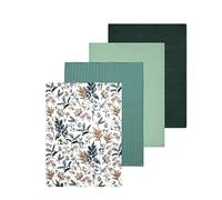 Sleepdown Kitchen Tea Towels Super Absorbent Waffle Soft Dish Cleaning Cloth 100% Cotton Half Panama Pack of 4 (Country Cottage, Check Green, Plain Black, Plain Sage Green) - (46cm x 65cm)
