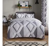 Sleepdown Large Diamond Geometric Reversible Duvet Cover Quilt and Pillow Cases Bedding Set Soft Easy Care, Polycotton, Grey, King (230 cm x 220 cm)
