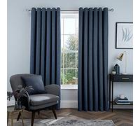 Sleepdown Linen Look Eyelet Blackout Lined Curtains Thermal Insulated for Bedroom and Living Room, Navy, 2 x 46" x 72"