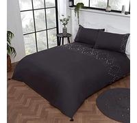 Sleepdown Luxury Boho Embroidered Panel Band Plain Charcoal Grey Tassels Easy Care Soft Cosy Duvet Cover Quilt Bedding Set with Pillowcases - Double (200cm x 200cm) charcoal grey double 5056242802679