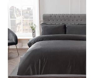 Sleepdown Matt Velvet Charcoal Grey Luxury Super Soft Easy Care Plain Duvet Cover Quilt Bedding Set with Pillowcases - Double (200cm x 200cm)