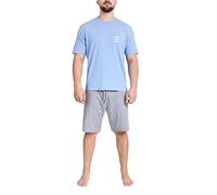 Sleepdown Mens Pyjamas Set Work Sleep Repeat Soft 2 Piece Loungewear Nightwear Sleepwear Short Sleeve Top & Bottom Shorts Pjs Pajamas (L, Blue Grey)