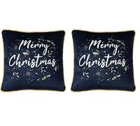 Sleepdown Merry Christmas Slogan Filled Velvet Cushion Soft Decorative Square Piped Edge Holly Cushion For Home Decor Sofa Bedroom 18" x 18" - Navy - 45cm x 45cm, 5056557514755 (Pack of 2)