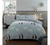 Sleepdown Penguin & Polar Bear Glow In The Dark Duck Egg Grey,Reversible Fleece Thermal Warm Cosy Super Soft Duvet Cover Quilt Bedding Set with Pillow Case - Single (135cm x 200cm) 5056242830061
