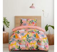 Sleepdown Pink Safari Duvet set with Pillowcase - Pink Quilt Reversible Animal theme Girls Bedding Set - Duvet Set for Kids - Single 135cm x 200cm