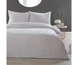Sleepdown Pom Pom Silver Fleece Warm Cosy Super Soft Easy Care Plain Flannel Duvet Cover Quilt Bedding Set with Pillowcases - Super King (260cm x 230cm), 5056242754343