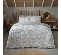 Sleepdown Printed Rouched Pleat Ditsy Leaves White Natural Reversible Duvet Cover Quilt and Pillow Cases Bedding Set - Super King (220cm x 260cm)