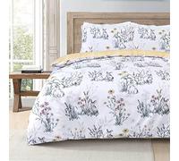 Sleepdown Rabbit Meadow Floral White Ochre Plaid Check Reversible Duvet Cover Quilt Pillow Case Bedding Set Soft Easy Care - Single (135cm x 200cm)