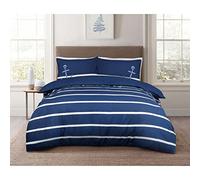 Sleepdown Sailor Striped Nautical Blue 100% Cotton Plain Reverse Duvet Cover Quilt Pillow Case Bedding Set Soft Easy Care - Double (200cm x 200cm), Navy White Stripe, (5056557507597)